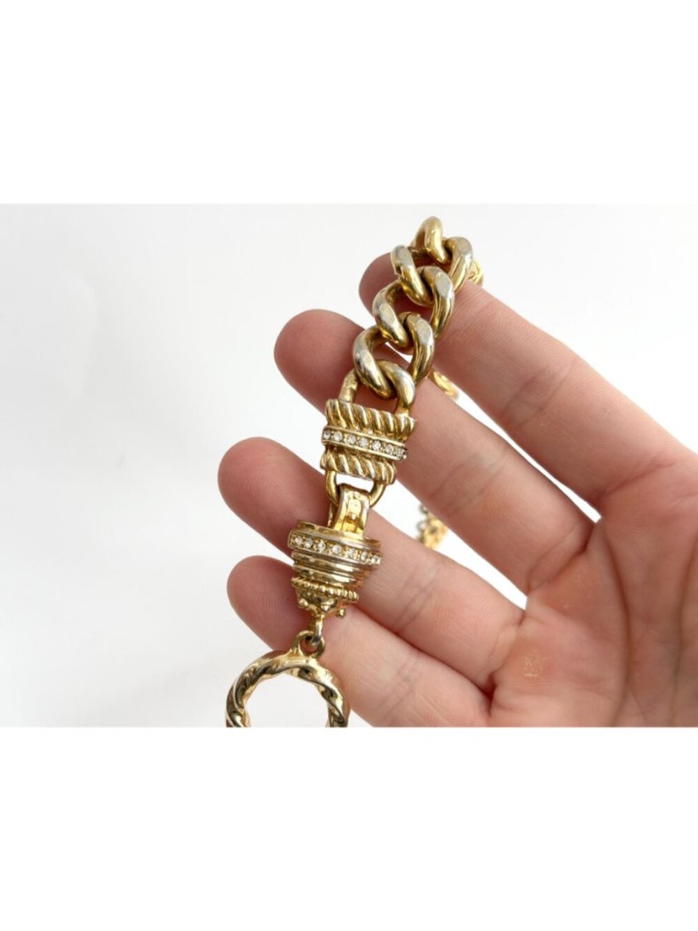 Gold Toned Curb Chain Chunky Rhinestone Accented Vintage 80's Style Bracelet - Picture 14 of 16